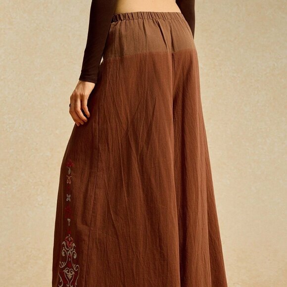 Coffee Brown Women's Patchwork Embroidered Wide Leg Pants - Picture 2 of 10